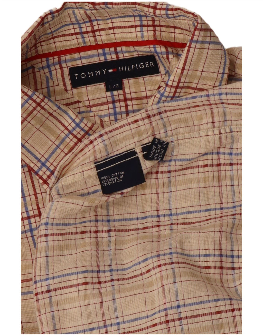 TOMMY HILFIGER Camisa para hombre Large Beige Check Cotton