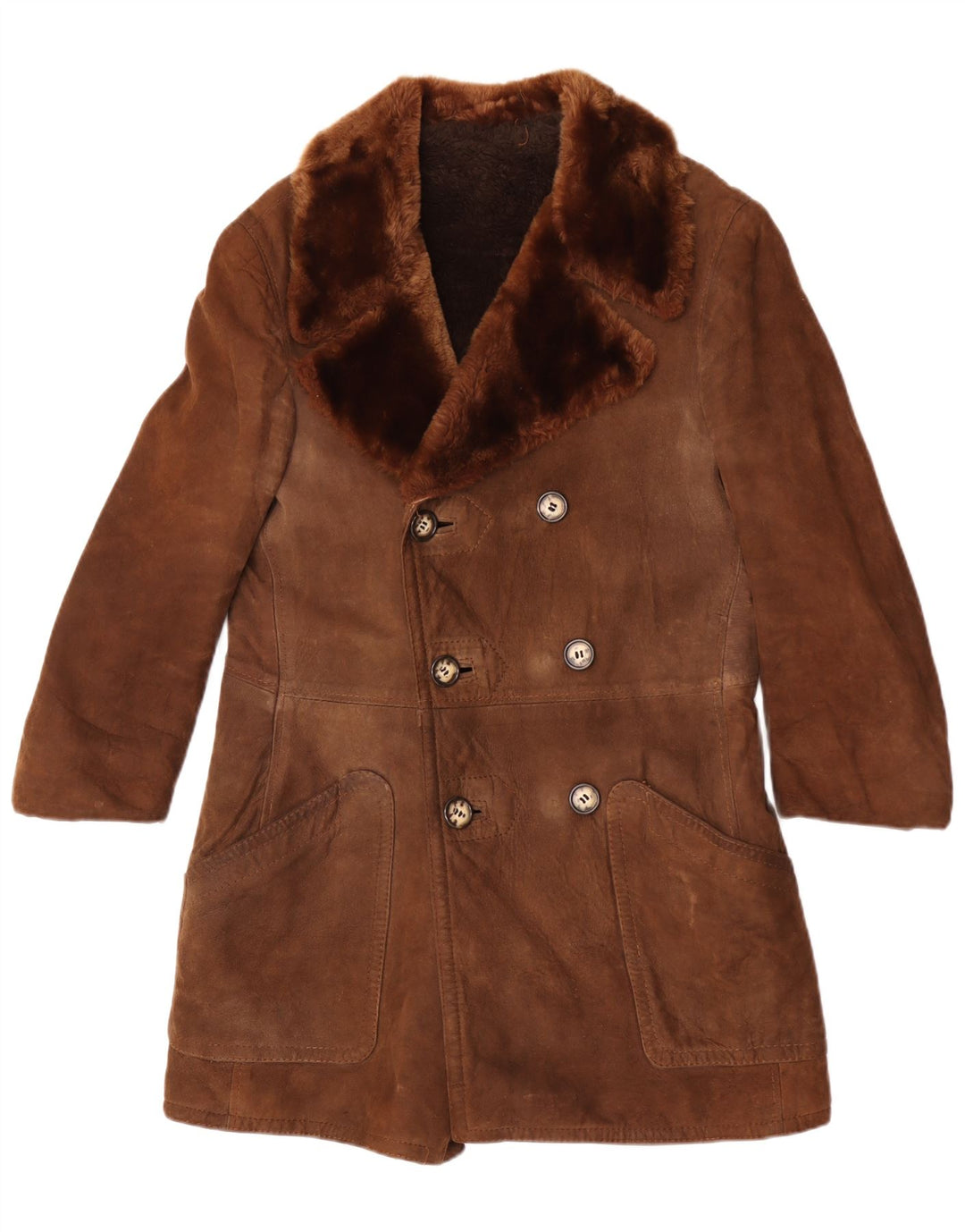 Vintage mujer doble pecho shearling abrigo Reino Unido 12 marrón medio