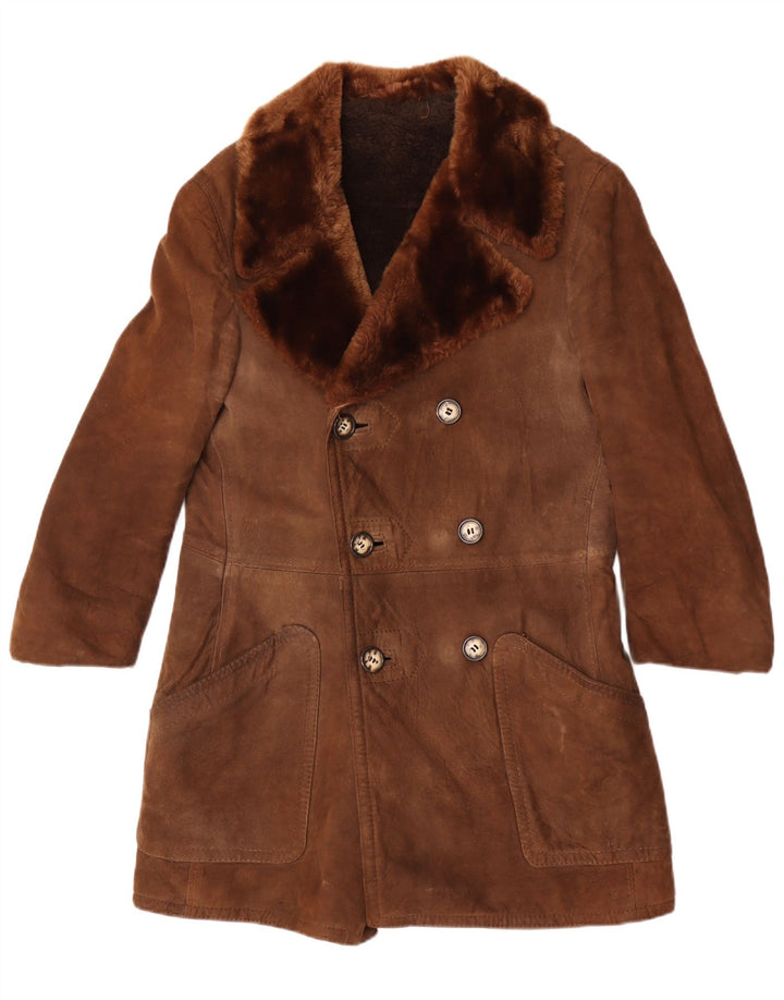 Vintage mujer doble pecho shearling abrigo Reino Unido 12 marrón medio