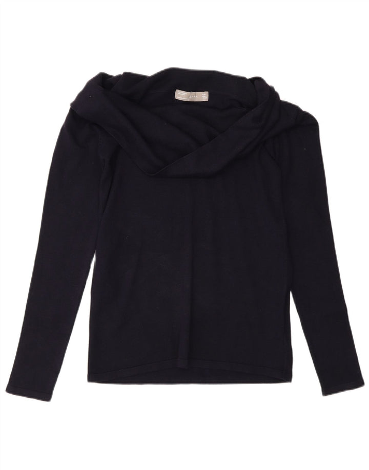 Zara Mujer Top Manga Larga UK 44 Grande Azul Marino Viscosa