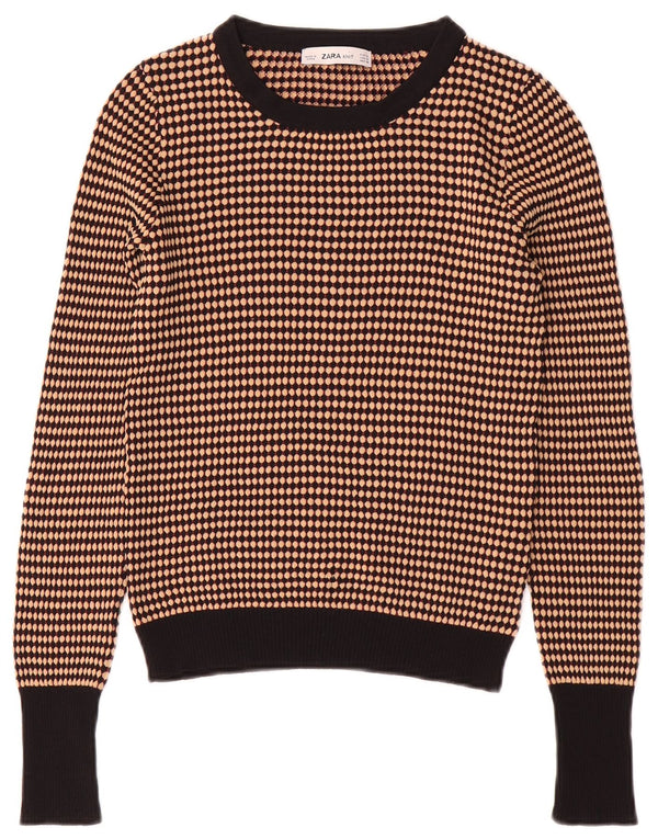 Zara Mujer Crop Crew Neck Jumper Sweater UK 12 Medium Brown Rayas