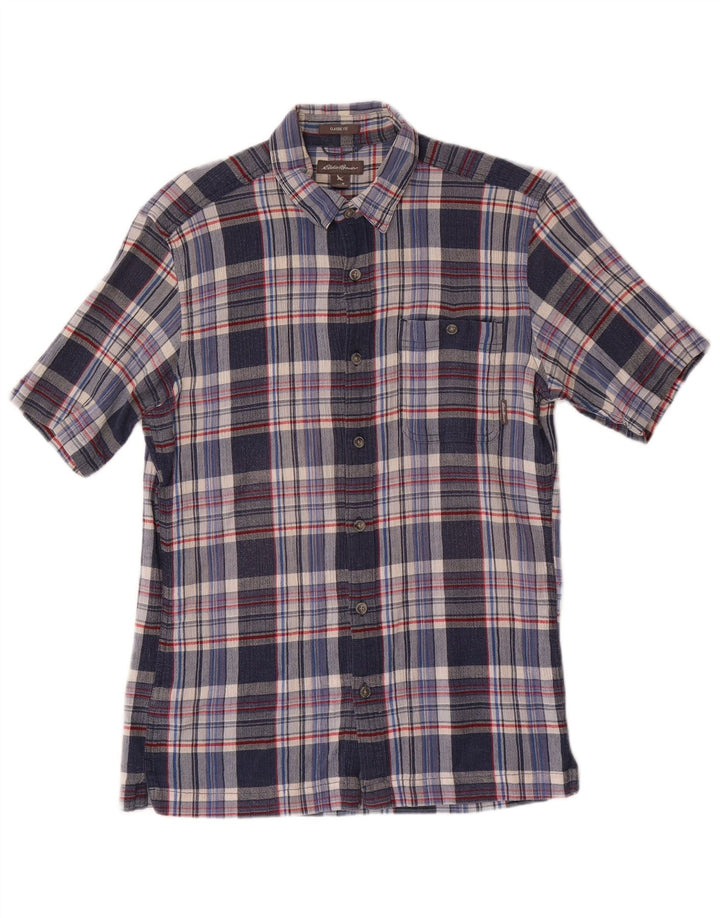 EDDIE BAUER Camisa de manga corta de corte clásico para hombre de algodón a cuadros azul medio