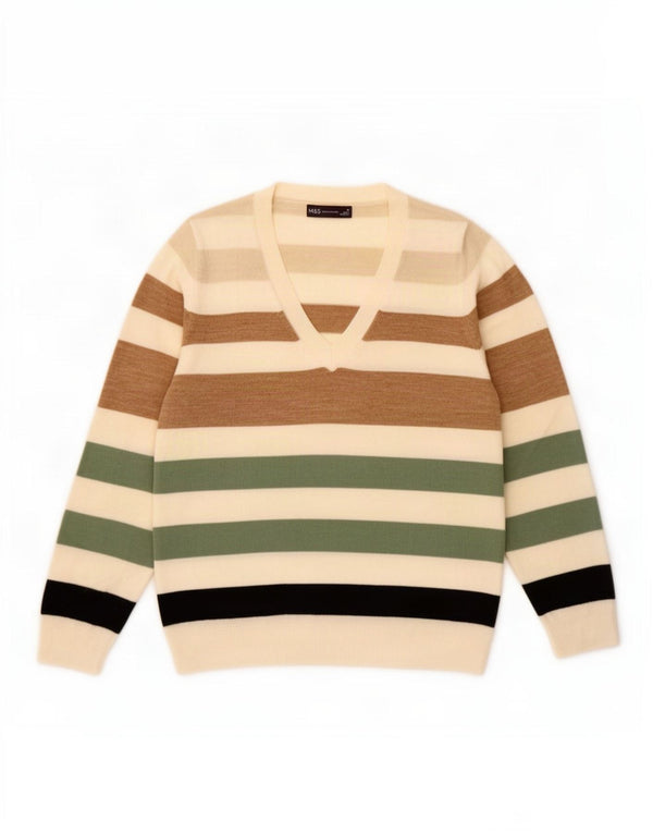 Marks & Spencer Suéter con Cuello en V para Mujer UK 44 Medium Beige Rayas