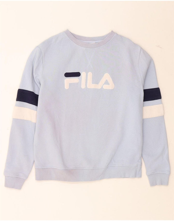 FILA Womens Graphic Sweatshirt Jumper UK 14 Medium Blue Cotton Vintage Fila and Second-Hand Fila from Messina Hembry 
