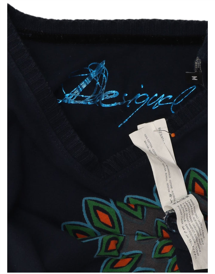 Desigual Mujer Gráfico Top Manga Larga Reino Unido 12 Medio Azul Marino Algodón