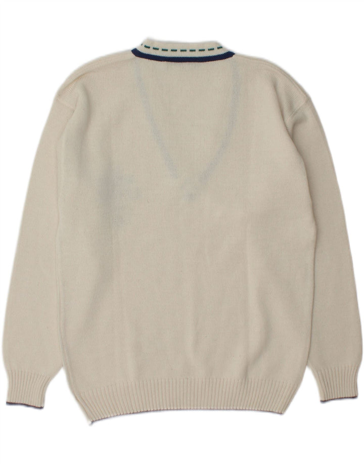 MORGANO Mens Graphic V-Neck Jumper Sweater Medium White Vintage Morgano and Second-Hand Morgano from Messina Hembry 