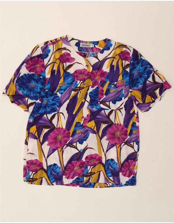 Vintage mujer camisa de manga corta blusa Reino Unido 14 medio multicolor floral