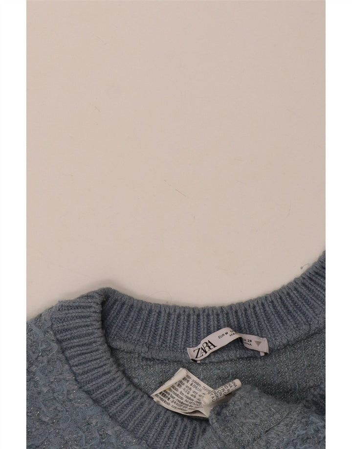 Zara - Jersey corto con cuello redondo para mujer, talla 40, poliéster azul medio