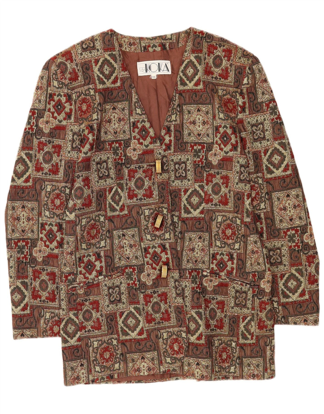 Vintage mujer 3 botones Blazer chaqueta IT 46 acetato de patchwork marrón grande