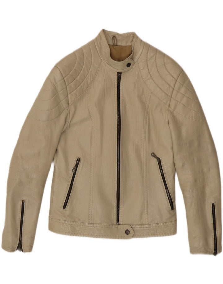 Vintage mujer cuero biker chaqueta Reino Unido 8 pequeño beige