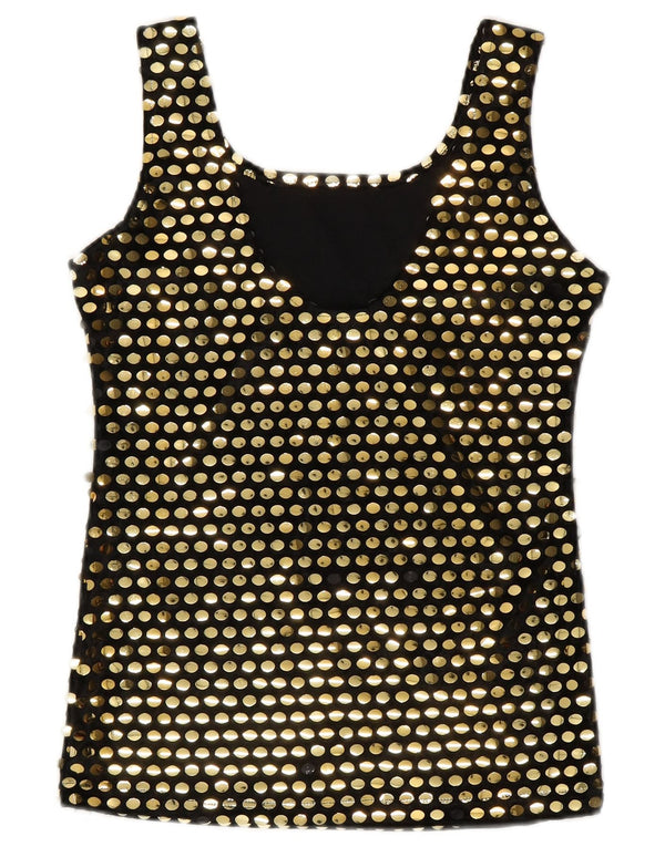 Vintage mujer blusa sin mangas Top Reino Unido 10 pequeño poliéster negro