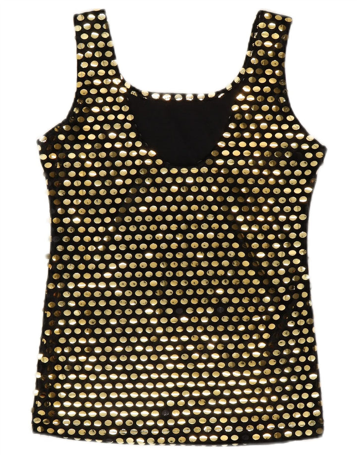 Vintage mujer blusa sin mangas Top Reino Unido 10 pequeño poliéster negro