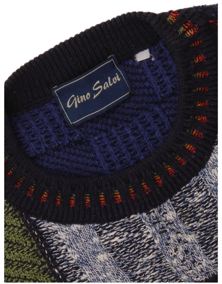 Vintage hombres cuello redondo jersey suéter XL multicolor patchwork