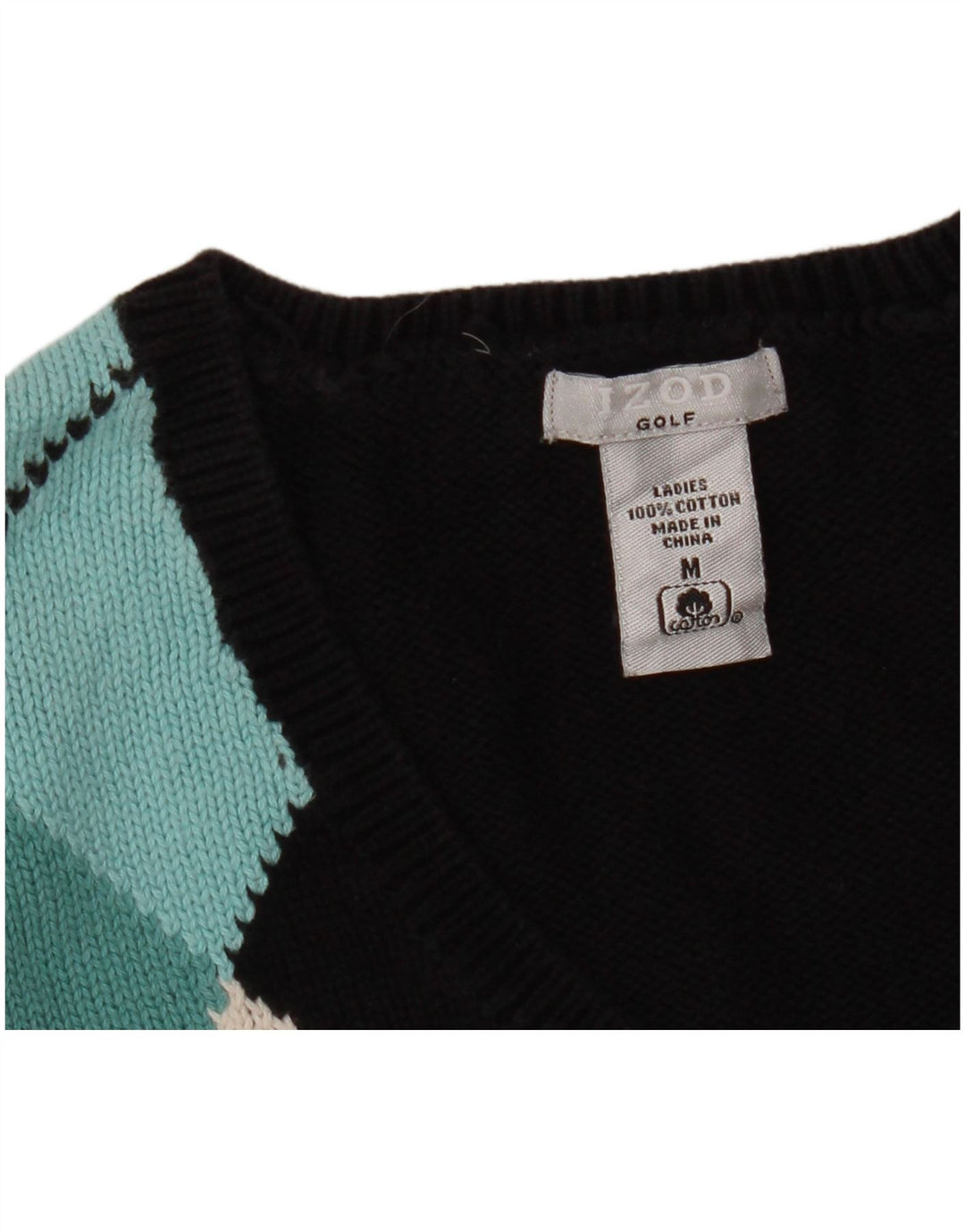 IZOD Suéter tipo jersey de golf con cuello en V para mujer UK 12 Medium Black Argyle/Diamond