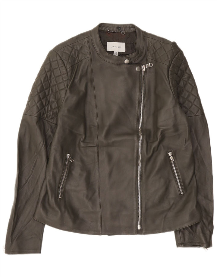 Jigsaw Chaqueta motera de cuero para mujer Reino Unido 46 Cuero gris grande