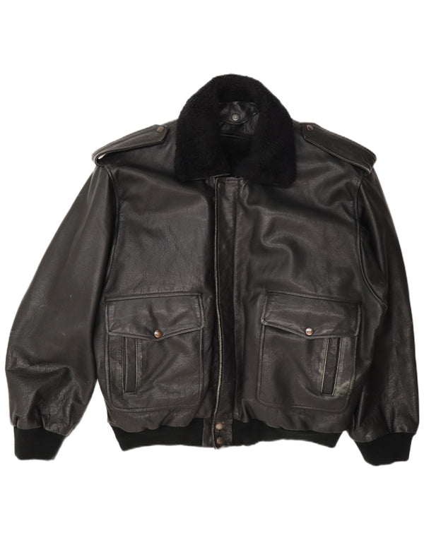 Vintage hombres chaqueta de cuero militar Reino Unido 42 XL negro