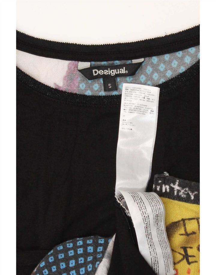 Desigual Top con estampado abstracto para mujer, manga 3/4, talla 10, viscosa negra pequeña