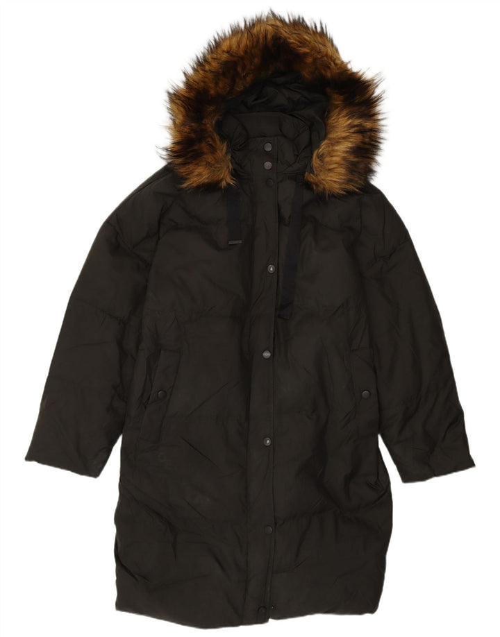 Zara Mujer Abrigo Acolchado Extragrande Con Capucha UK 40 Small Nylon Negro