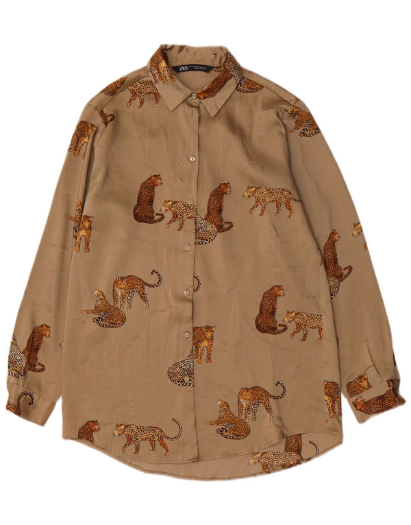 Zara Blusa tipo camisa extragrande para mujer UK 6 XS Caqui Estampado animal Poliéster