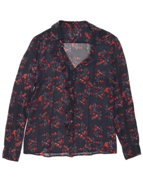 ARMANI JEANS Blusa camisera con volantes en la parte delantera para mujer EU 42 Grande Azul marino Floral