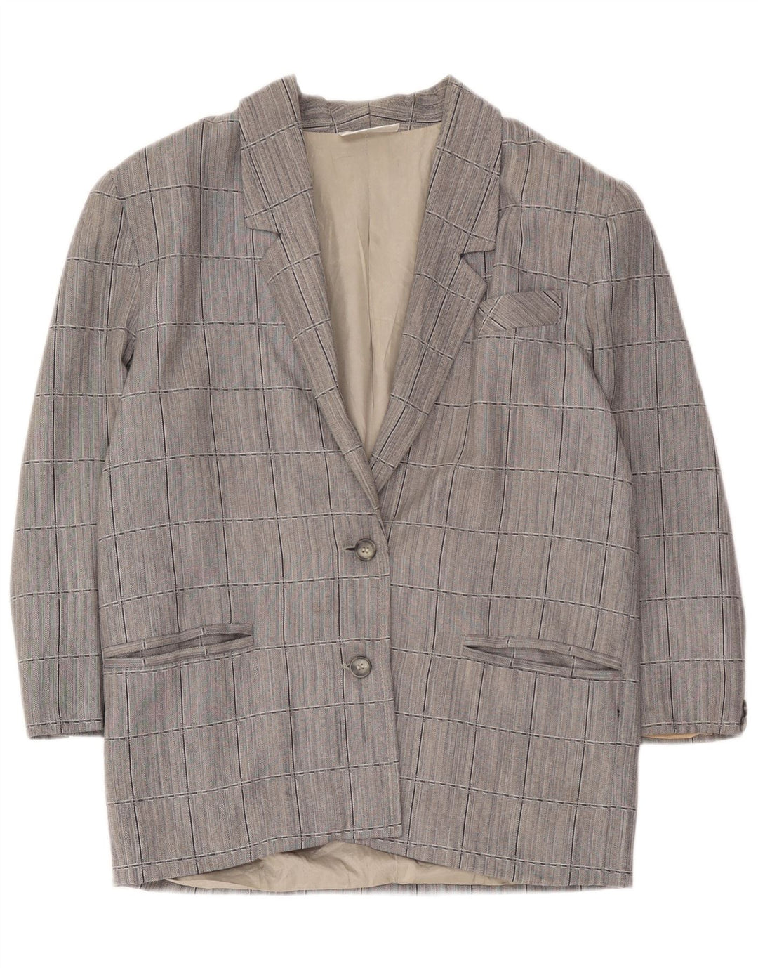 Vintage mujer 3/4 manga 2 botones Blazer chaqueta Reino Unido 14 cheque gris medio