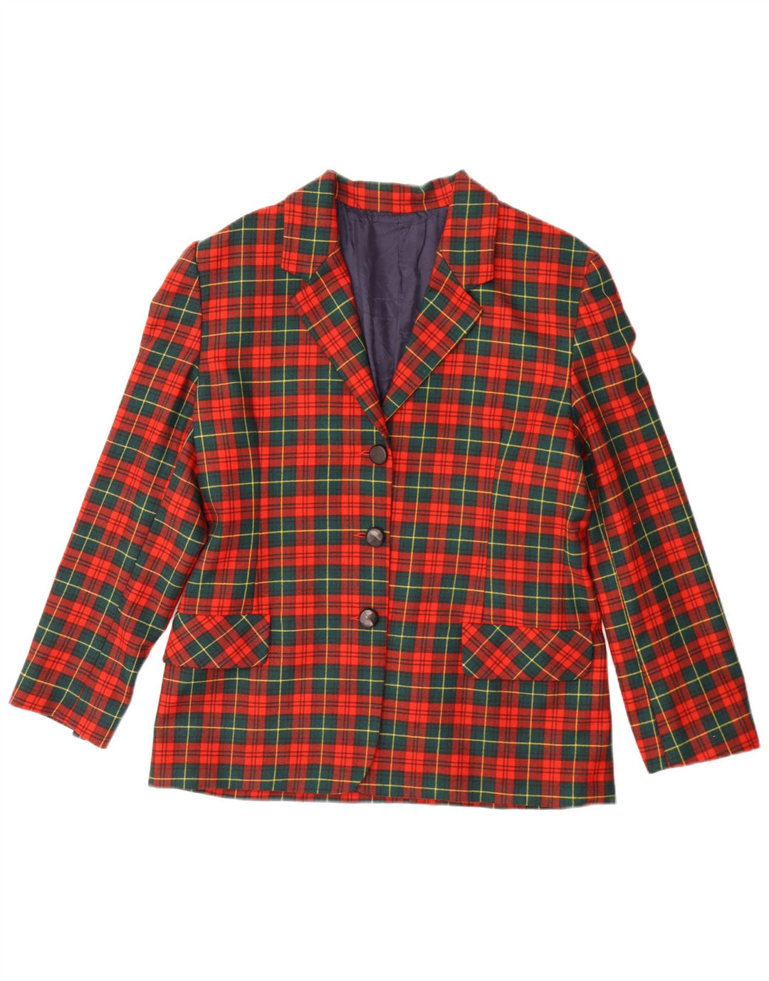 Vintage mujer 3 botones Blazer chaqueta IT 46 grande rojo comprobar lana virgen