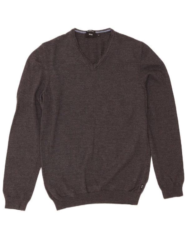 Hugo Boss Hombre Jersey Slim Fit con Cuello en V Jersey Grande de Lana Virgen Gris