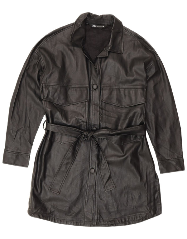 Zara Mujer Abrigo De Piel Sintética Reino Unido 10 Pequeño Poliuretano Negro Moderno