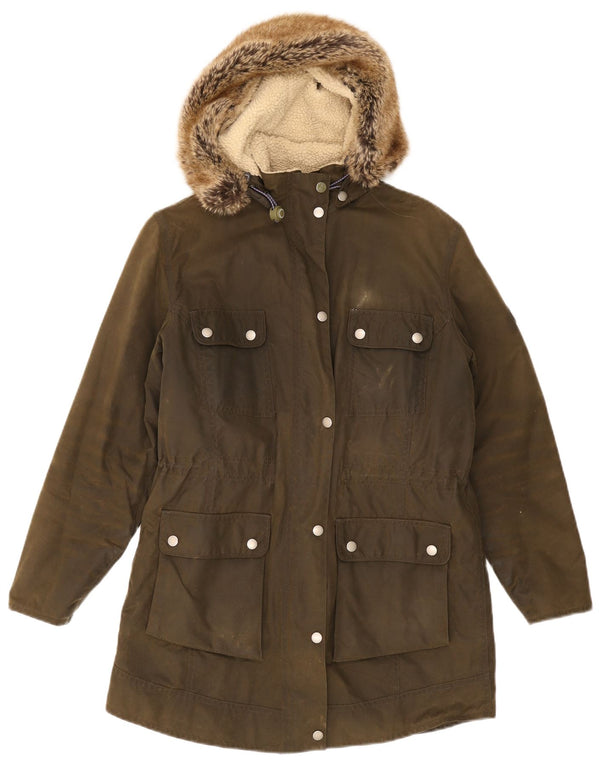 Barbour Parka de algodón encerado con capucha para mujer, talla 40, color caqui