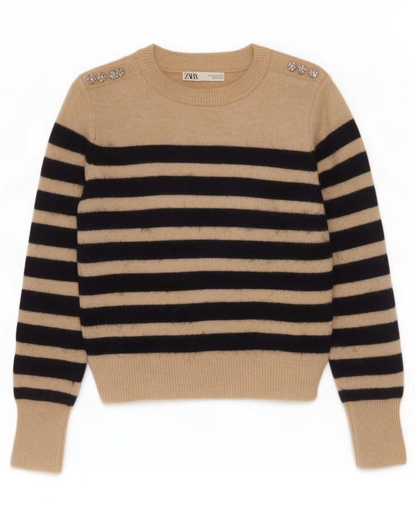 Zara - Jersey con cuello redondo para mujer, talla 42, nailon a rayas, color beige mediano