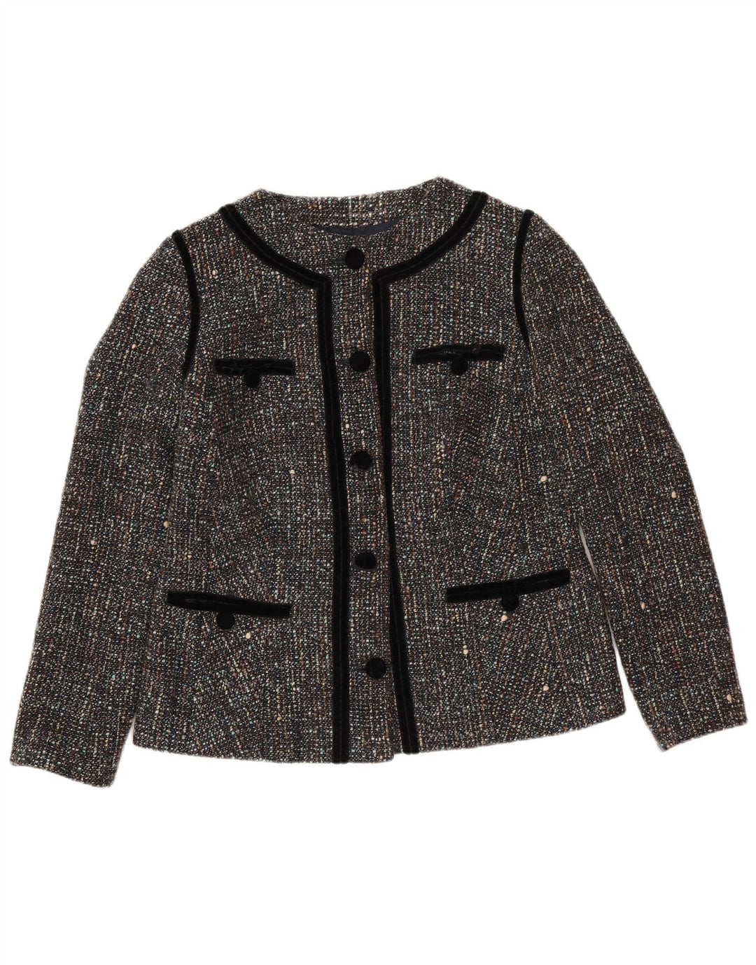 VINTAGE Mujer 5 Botones Blazer Chaqueta Reino Unido 12 Gris Medio Flecked