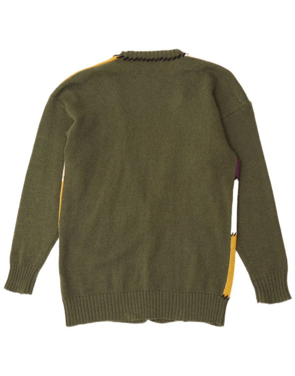 Vintage mujer gráfico cardigan suéter Reino Unido 16 gran patchwork verde lana