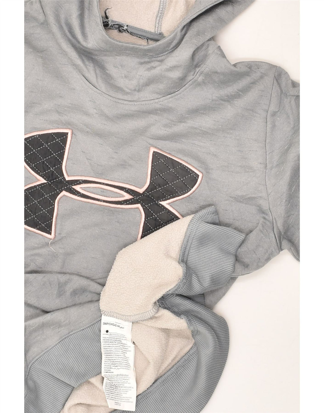 UNDER ARMOUR Womens Graphic Hoodie Jumper UK 10 Small Grey Polyester | Vintage Under Armour | Thrift | Second-Hand Under Armour | Used Clothing | Messina Hembry 