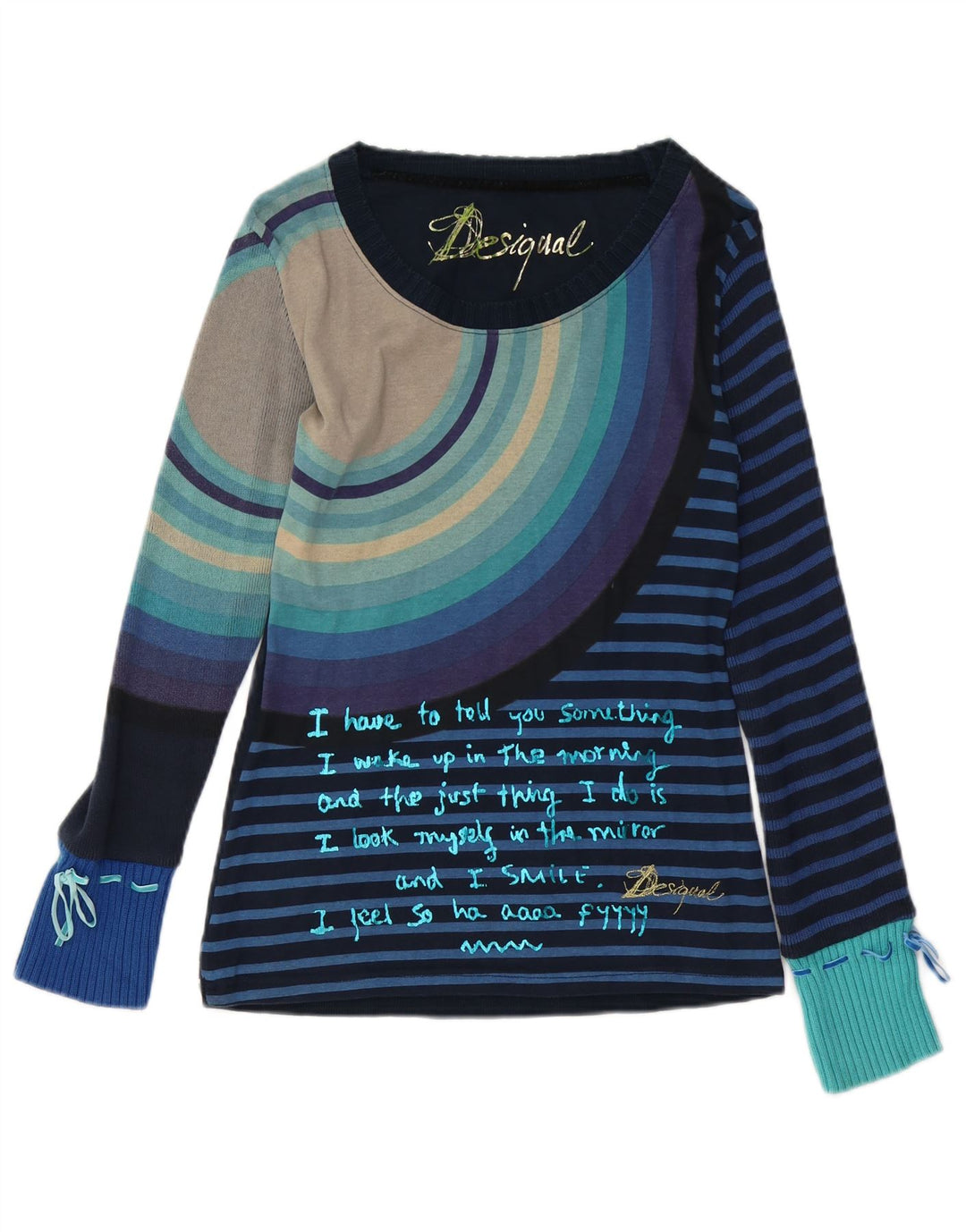 DESIGUAL Top gráfico para mujer manga larga UK 42 Algodón a rayas azul medio