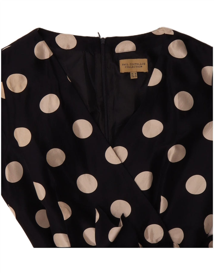 PAUL COSTELLOE Vestido acampanado para mujer UK 46 Grande Seda de lunares azul marino