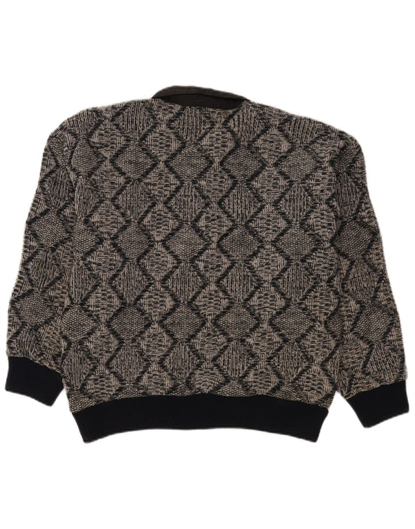 Vintage hombres polo cuello jersey suéter pequeño gris geométrico acrílico