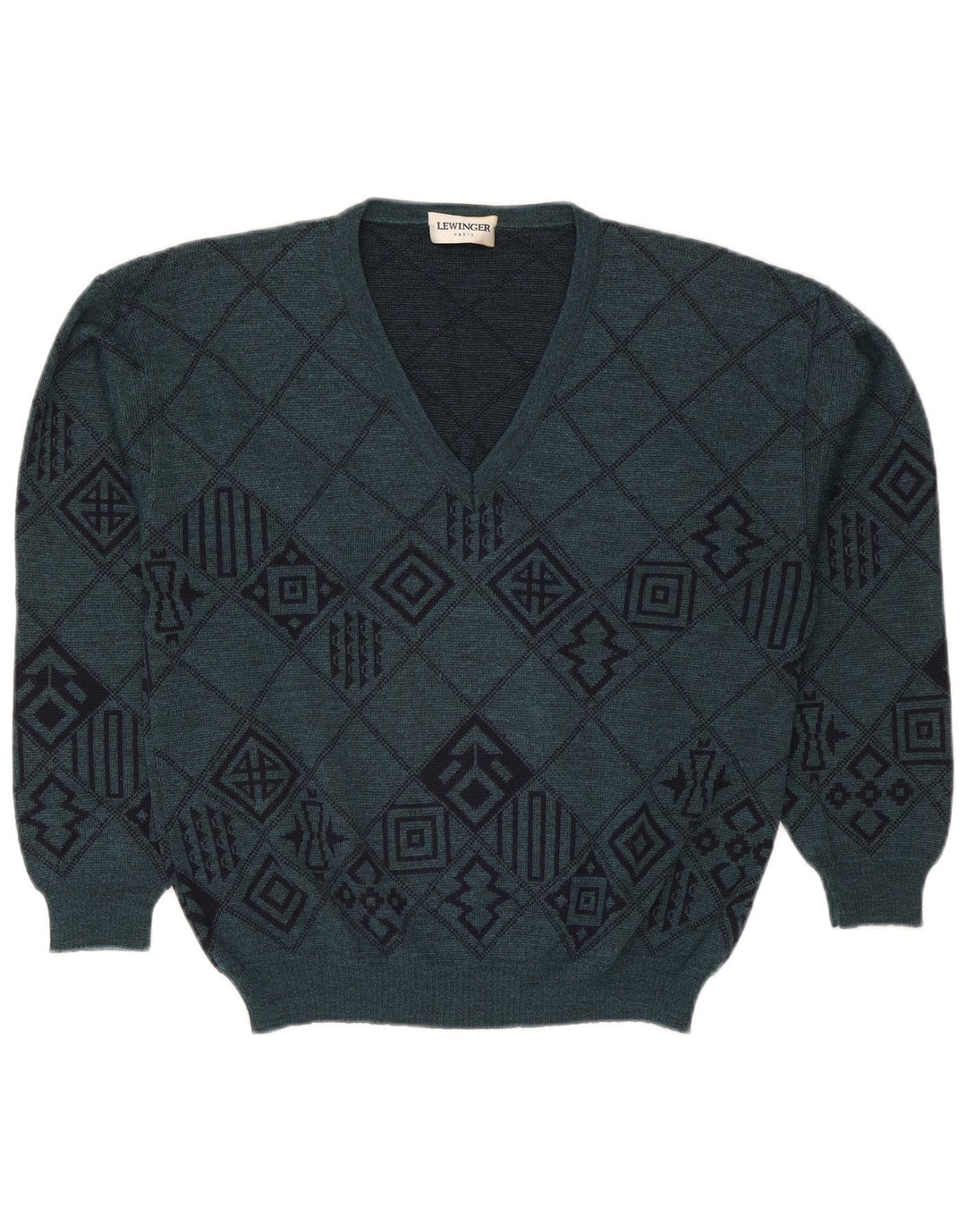 Lewinger Hombre Jersey Con Cuello En V De Lana Geométrica Verde Medio