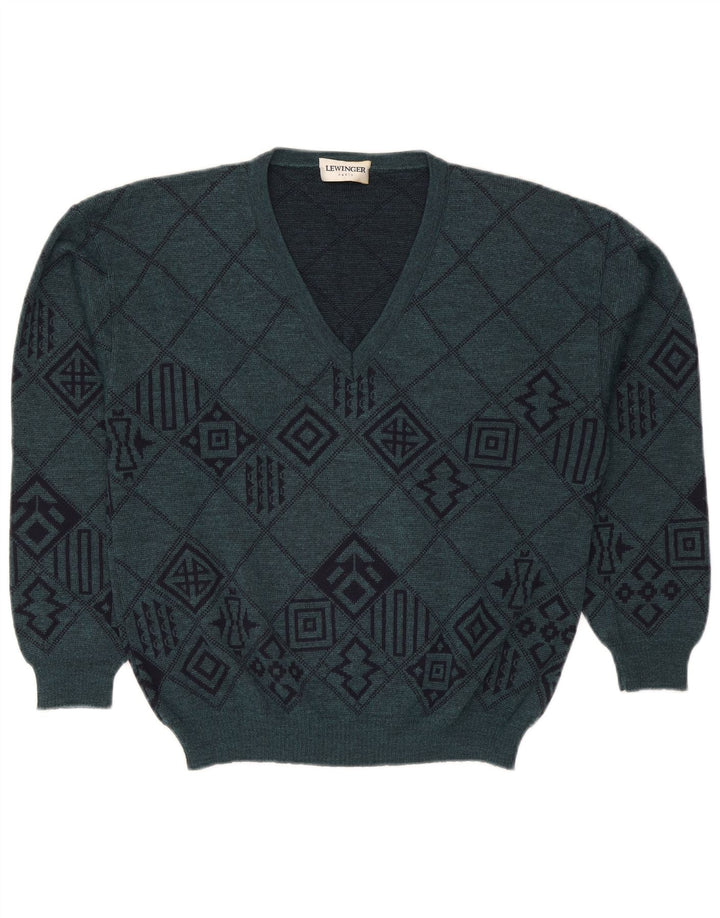Lewinger Hombre Jersey Con Cuello En V De Lana Geométrica Verde Medio