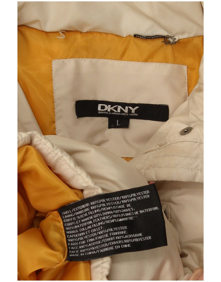 Dkny Abrigo acolchado con capucha para mujer UK 44 Poliéster beige grande