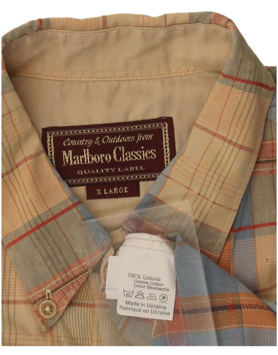Marlboro Classics Camisa Manga Corta Hombre XL Beige Cuadros Algodón