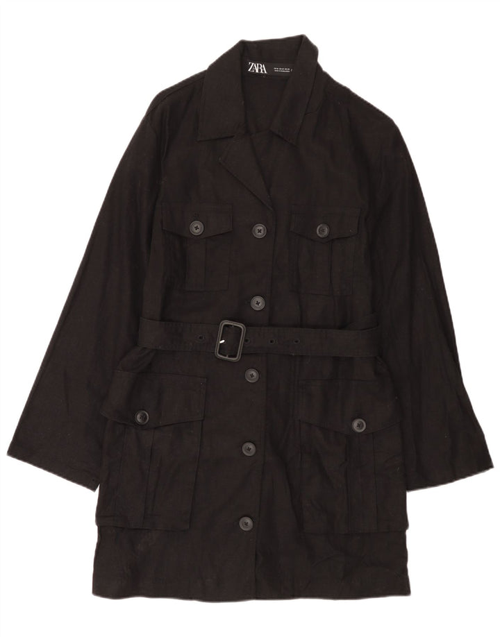 Zara Mujer Abrigo Utilitario UK 44 Mediano Lino Negro