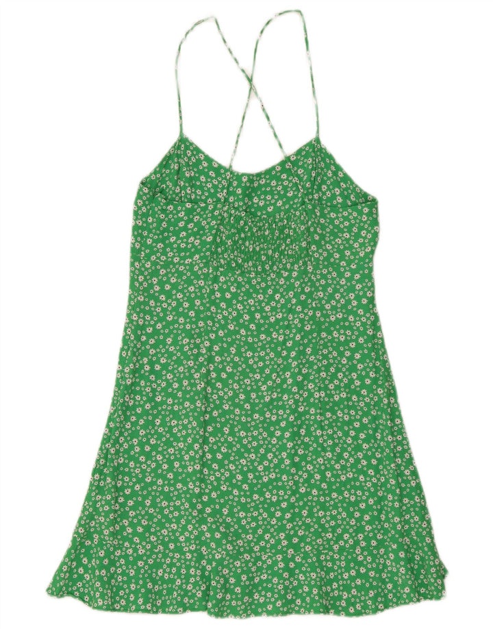 Zara Mujer Vestido De Verano UK 42 Viscosa Floral Verde Medio