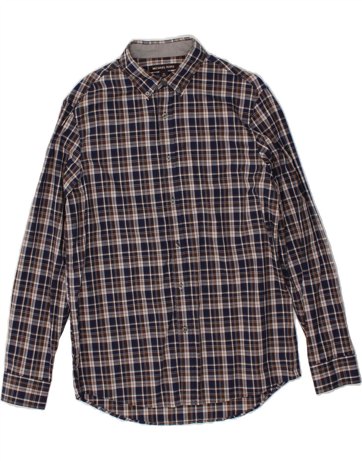MICHAEL KORS Mens Classic Fit Shirt Medium Navy Blue Check Cotton Vintage Michael Kors and Second-Hand Michael Kors from Messina Hembry 
