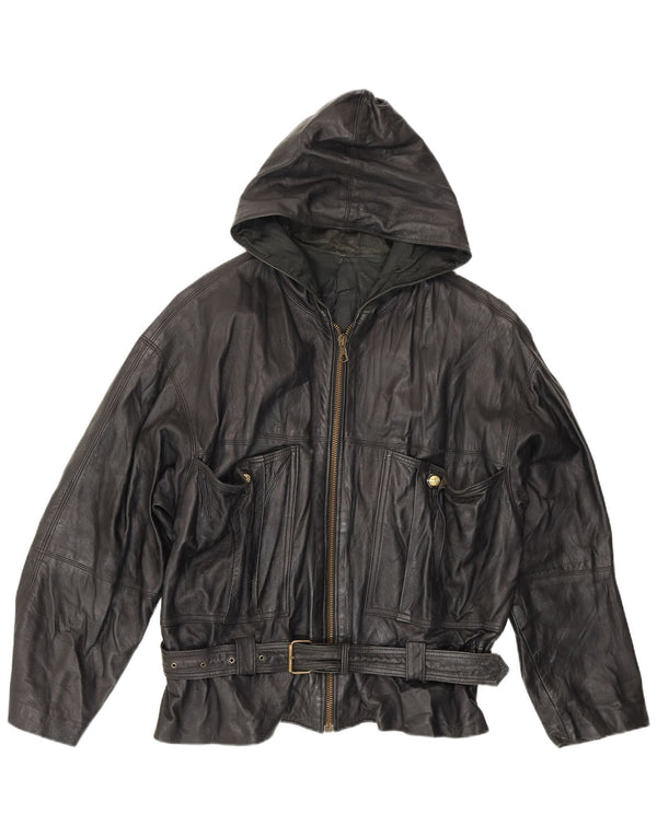 Vintage hombres chaqueta de cuero con capucha Reino Unido 42 XL negro