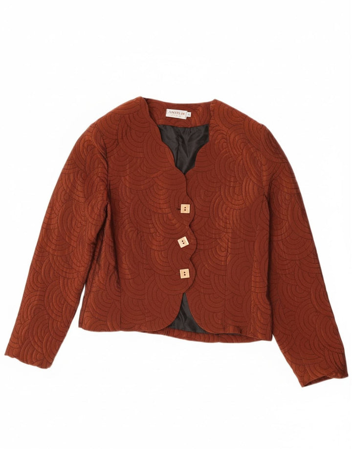 Vintage mujer 3 botones Blazer chaqueta Reino Unido 14 acetato geométrico marrón medio