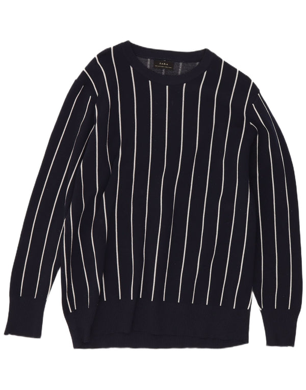 Zara Hombre Jersey Regular Fit Con Cuello Barco Jersey Rayas Azul Marino Medio