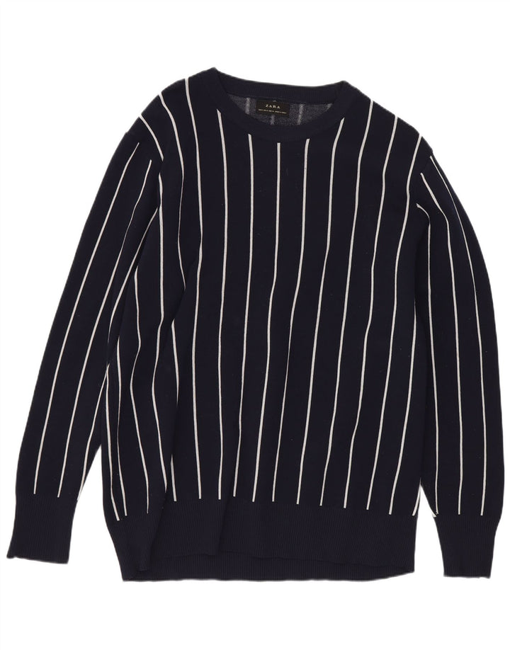 Zara Hombre Jersey Regular Fit Con Cuello Barco Jersey Rayas Azul Marino Medio