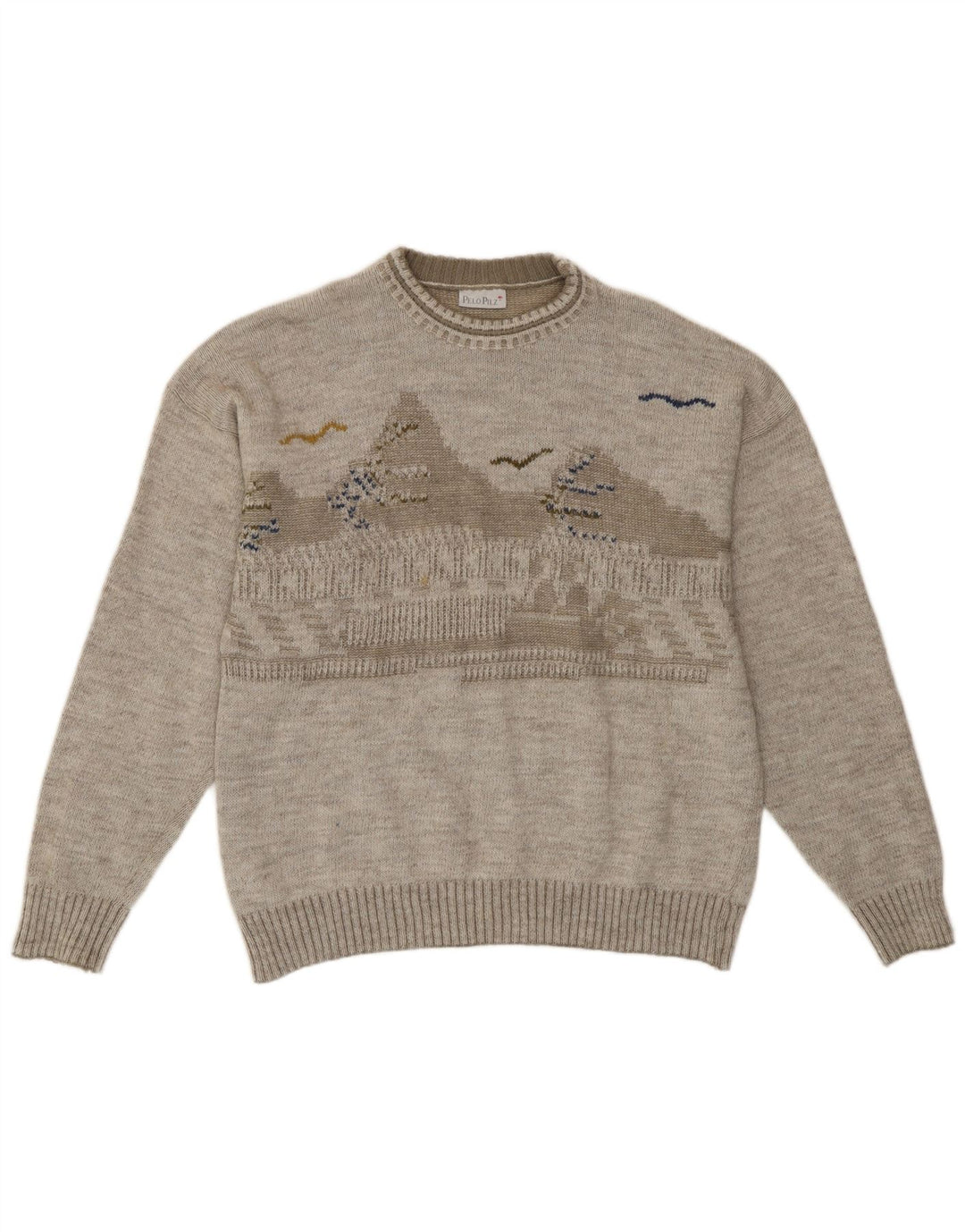 Vintage hombres cuello redondo jersey suéter medio gris geométrico retro