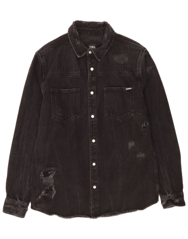 Zara Hombre Camisa Vaquera Desgastada De Ajuste Relajado Grande Algodón Negro