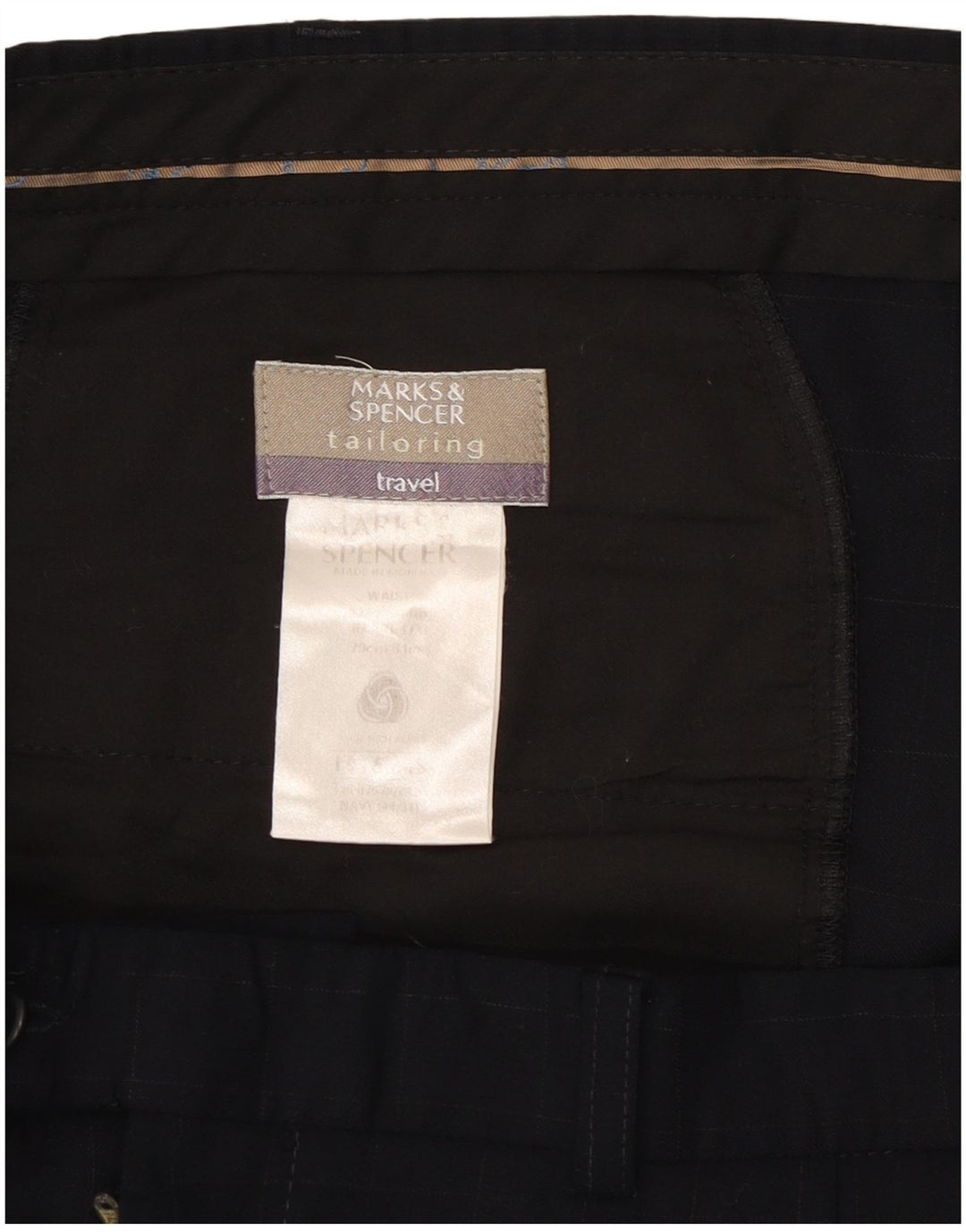 Marks & Spencer Pantalón de traje recto para hombre W44 L31 Lana a cuadros azul marino
